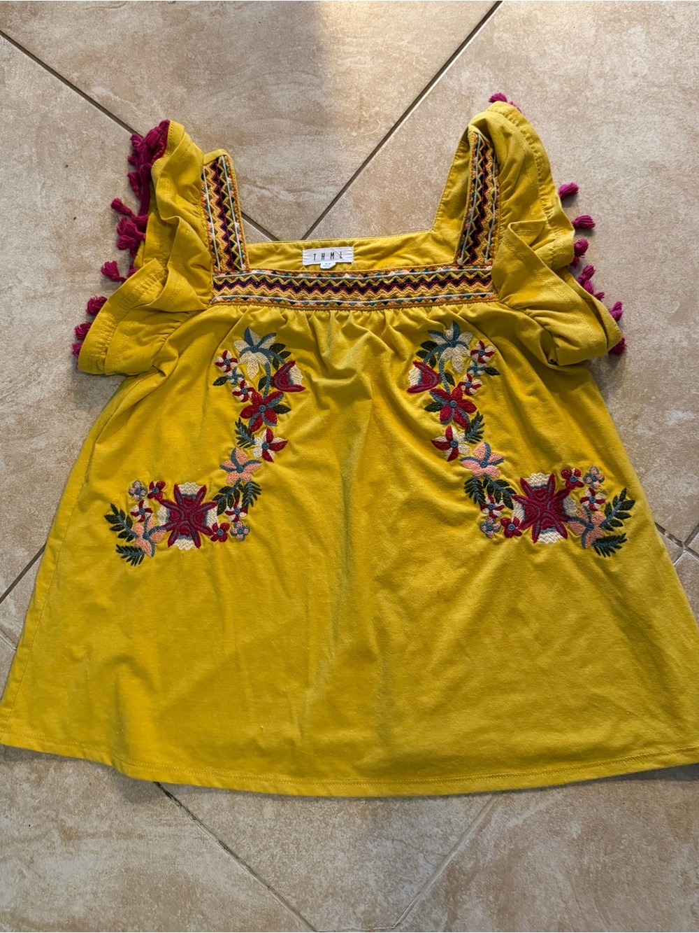 THML Mustard Yellow Embroidered Flutter-Sleeve Blouse - Picture 2 of 7